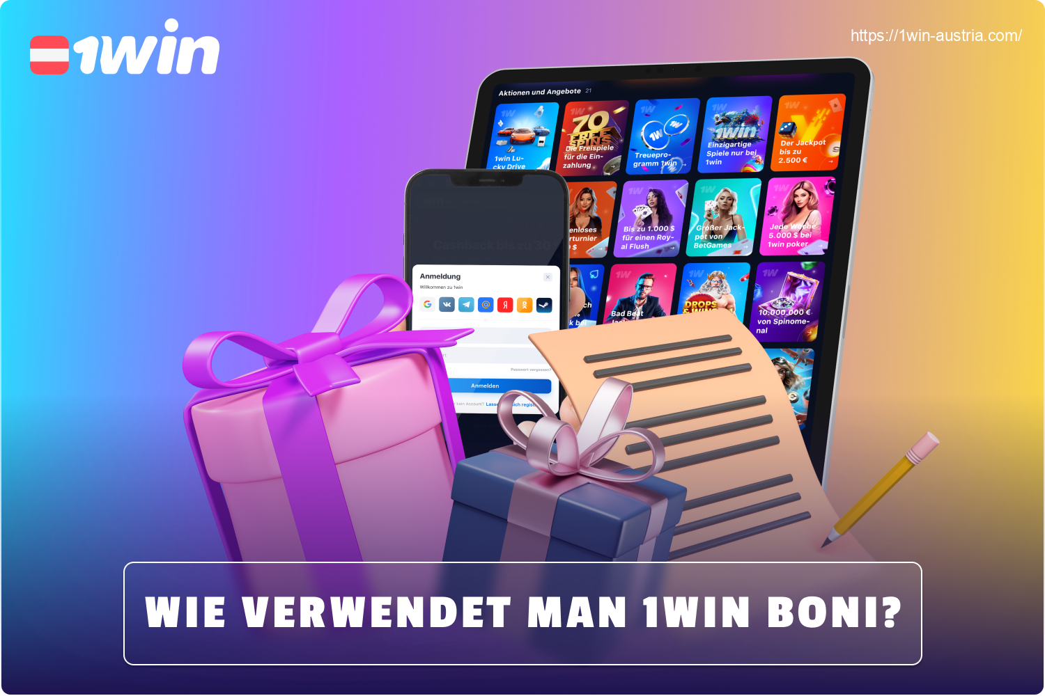 Um den 1win Bonus nutzen zu können, müssen sich Spieler aus Österreich einloggen, in den Bereich "Promotions und Boni" gehen und den Bonus anfordern