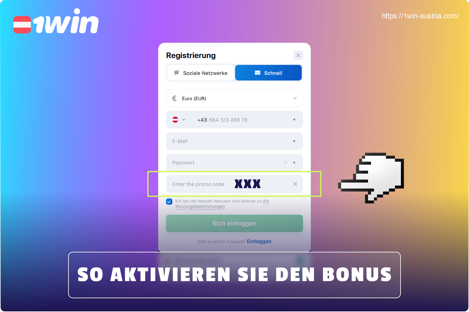 Um den 1win Bonuscode für neue Spieler aus Österreich zu aktivieren, müssen Sie sich auf der Website oder App registrieren